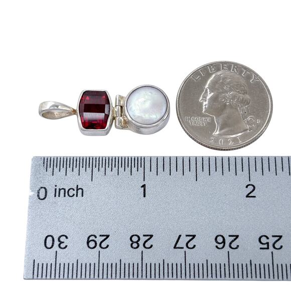 Estate Sterling Silver 925 Pearl Garnet Hinge Pendant - Picture 7 of 8